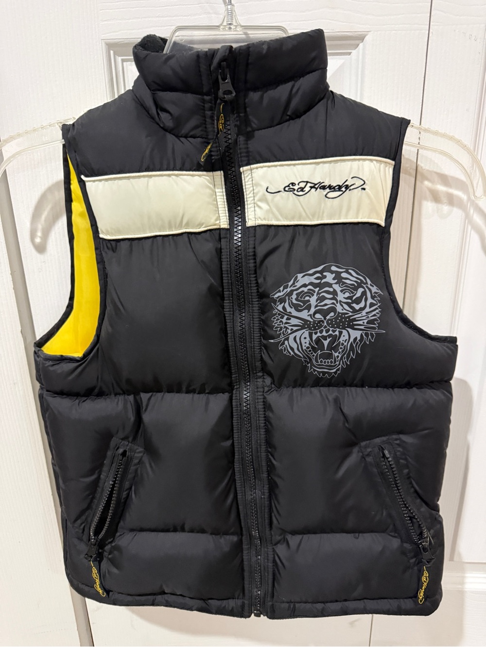 Ed Hardy Black and Cream Kids Puffer Vest with Yellow Trim and Tiger Graphic